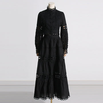 Woochic robe cocktail deux-pièces manches princesse découpes en dentelle style cour noir S